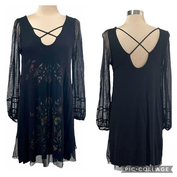 Scrapbook Black Sheer Lace Overlay Dress Crisscross Neckline Sz MED Whimsygoth - Picture 1 of 11